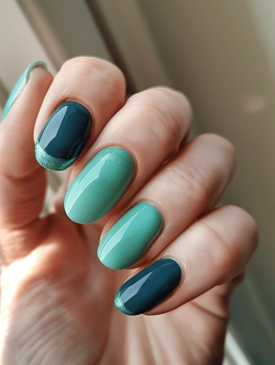 two-tone nail design. cool mint and deep teal