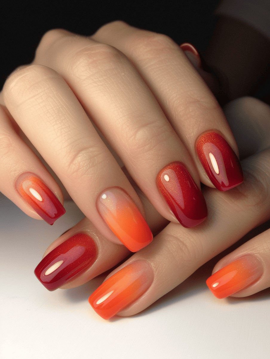 two-tone nail design. cherry red to peach ombre