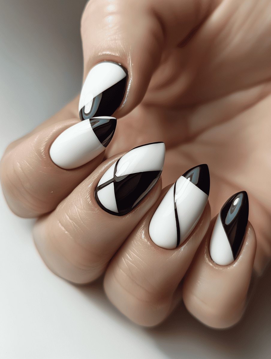 two-tone nail design. black and white. geometric pattern