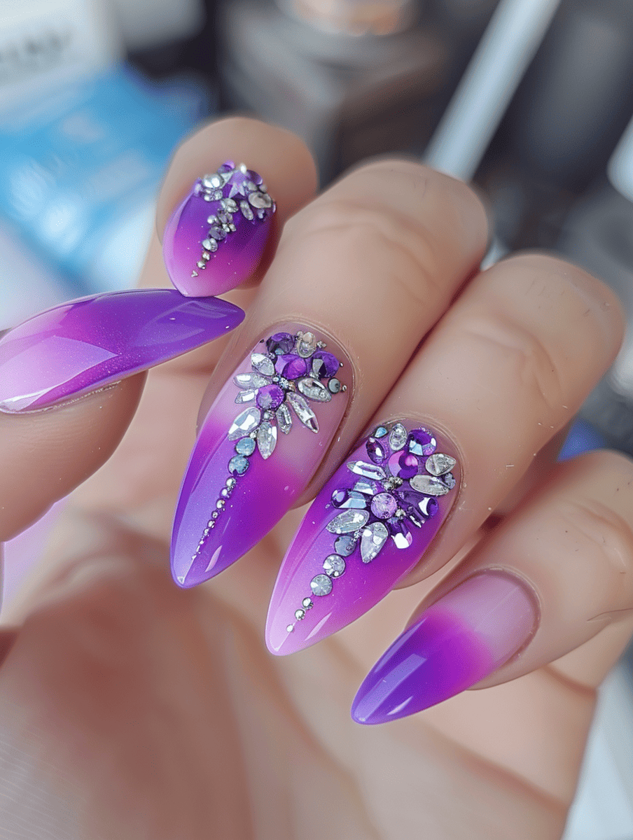  neon nail art. neon purple fade with crystal embellishments