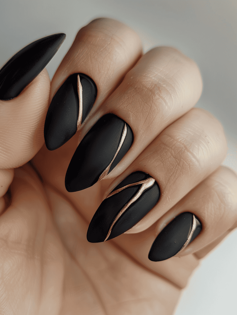 matte nail design in black with gold accents