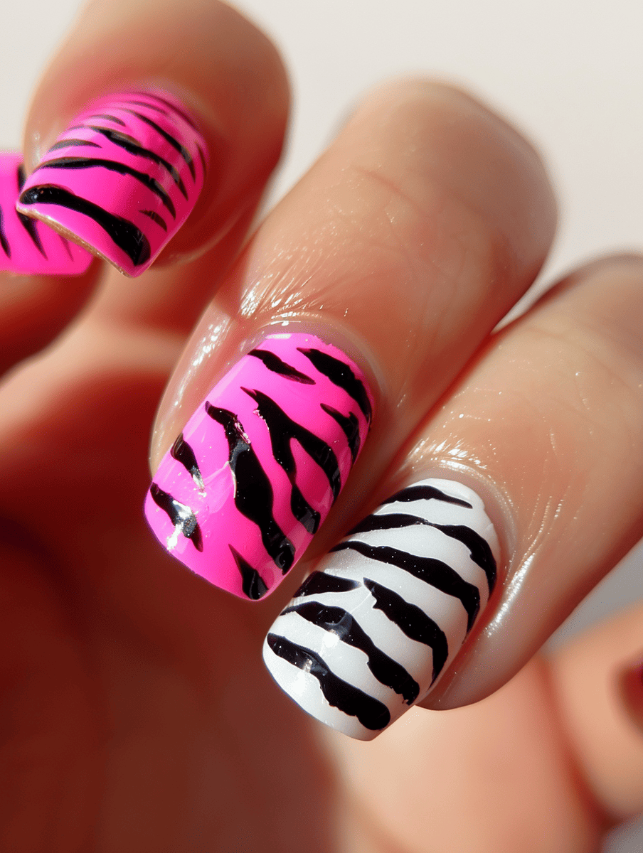 Animal print nail art. Zebra stripes on pink and white base