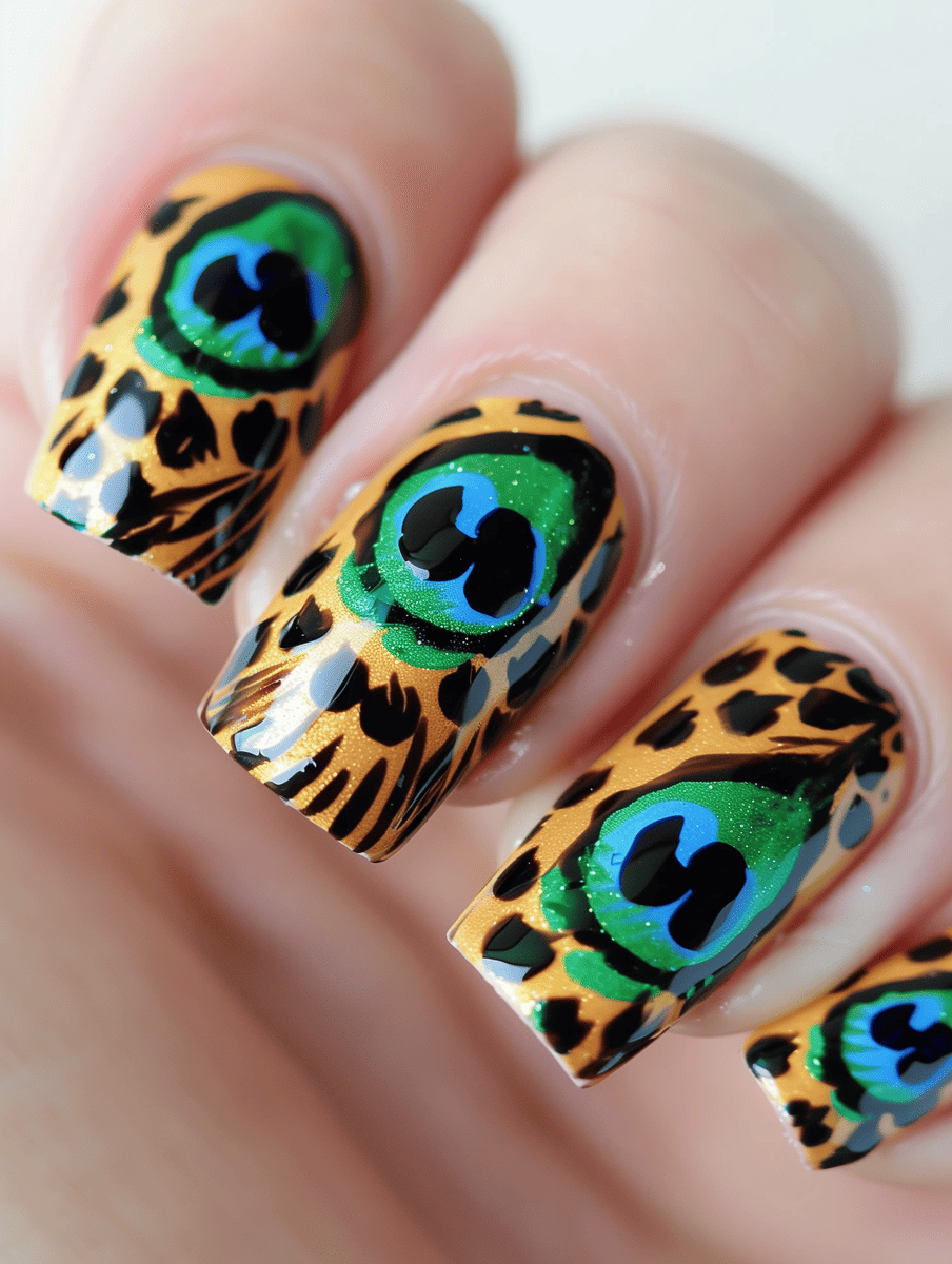 Animal print nail art. Peacock feather accents