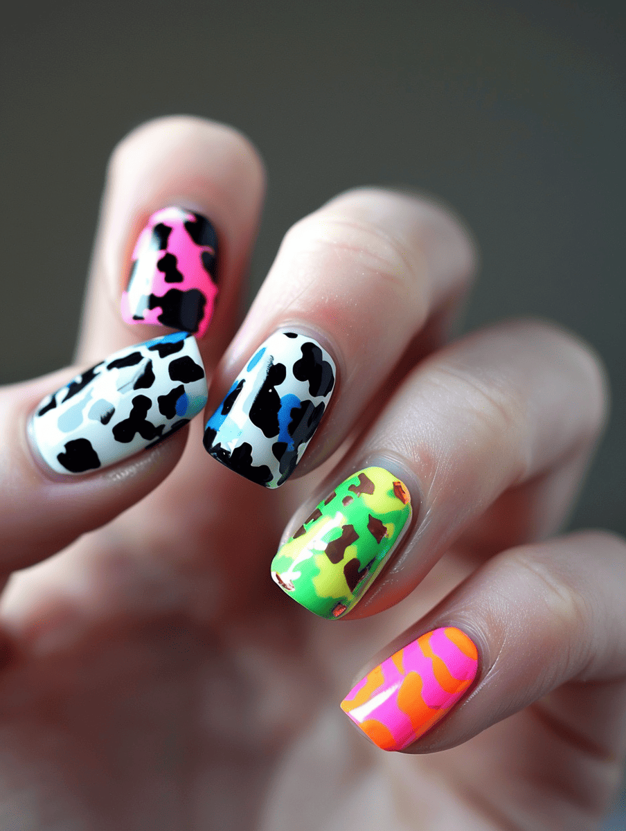 Animal print nail art. Cow print with neon pops