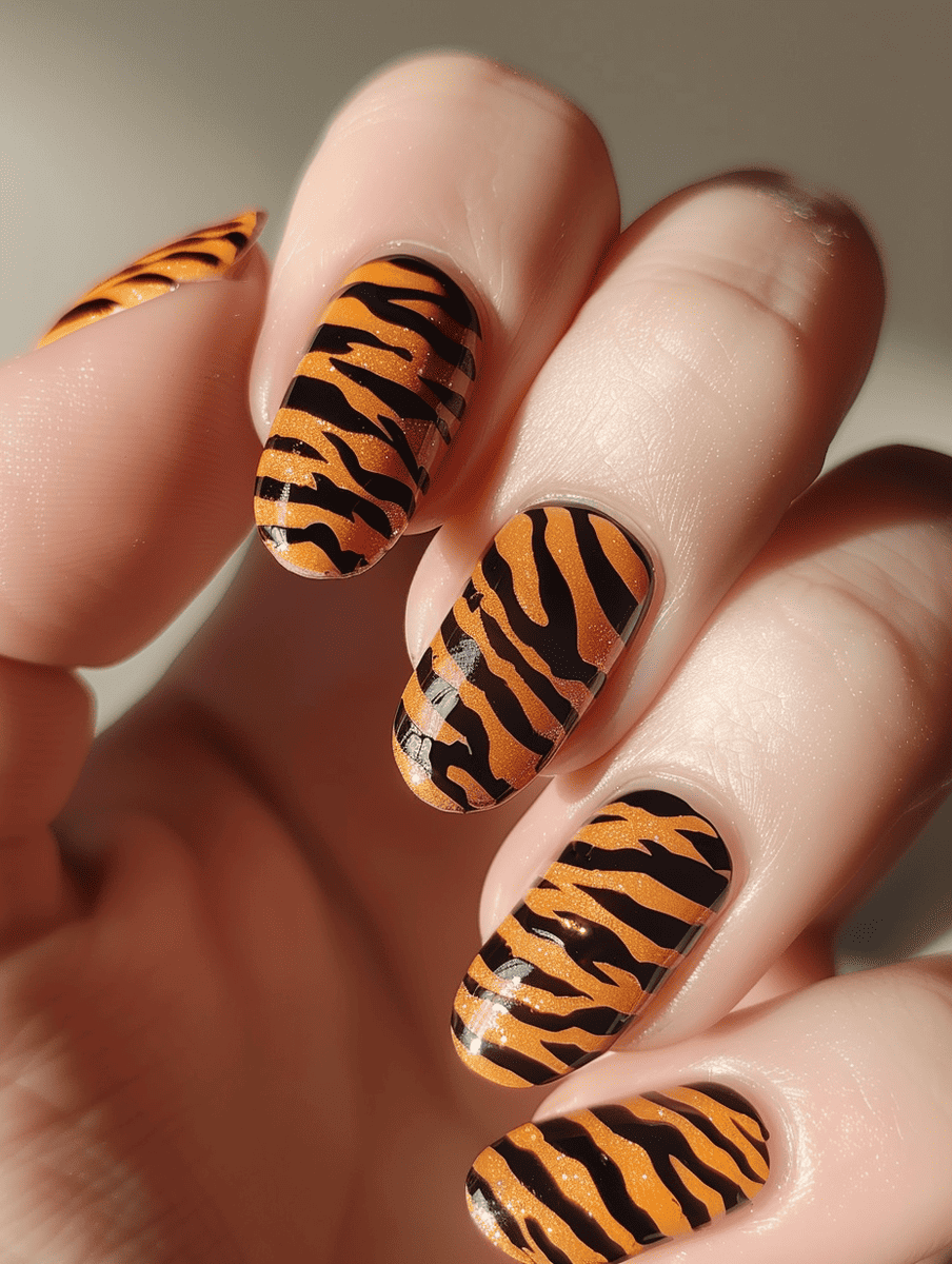 Animal print nail art. Tiger stripes with glossy finish 
