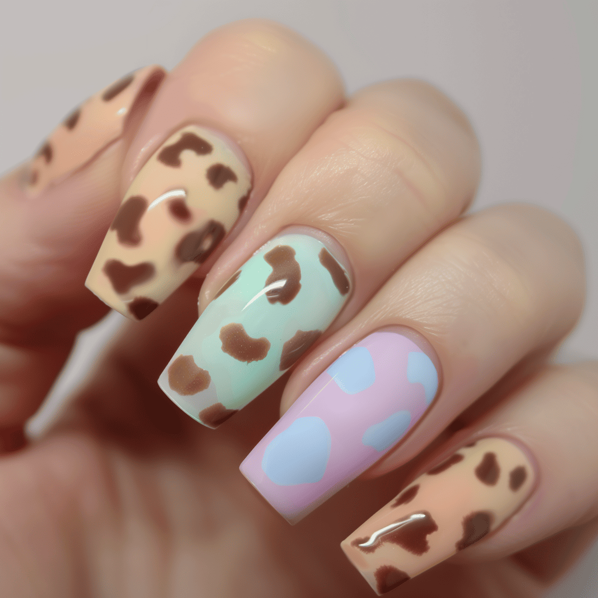 Animal print nail art. Giraffe spots with pastel background