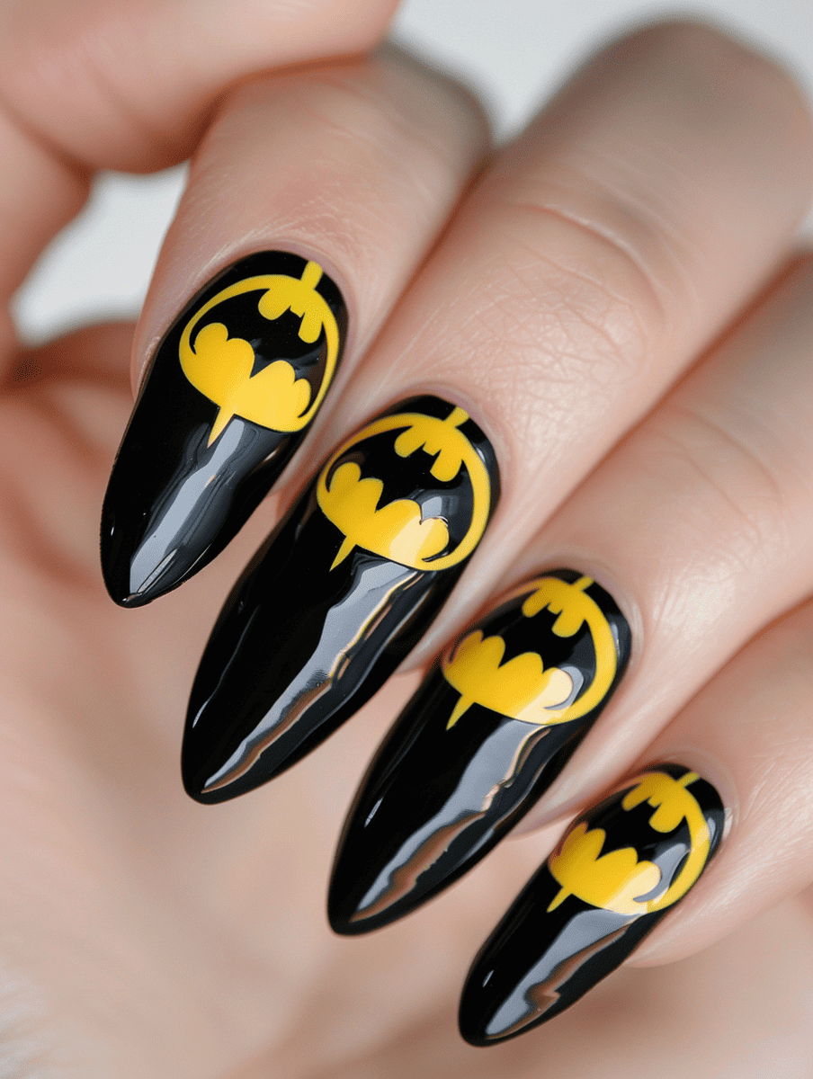 Superhero nail art design featuring Batman black and yellow emblem