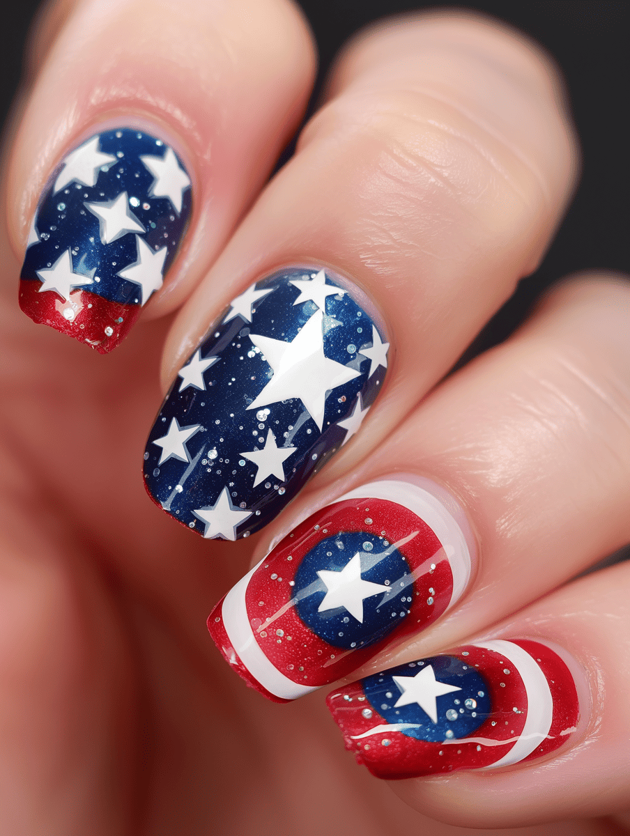 Superhero nail art design featuring Captain America shield and stars
