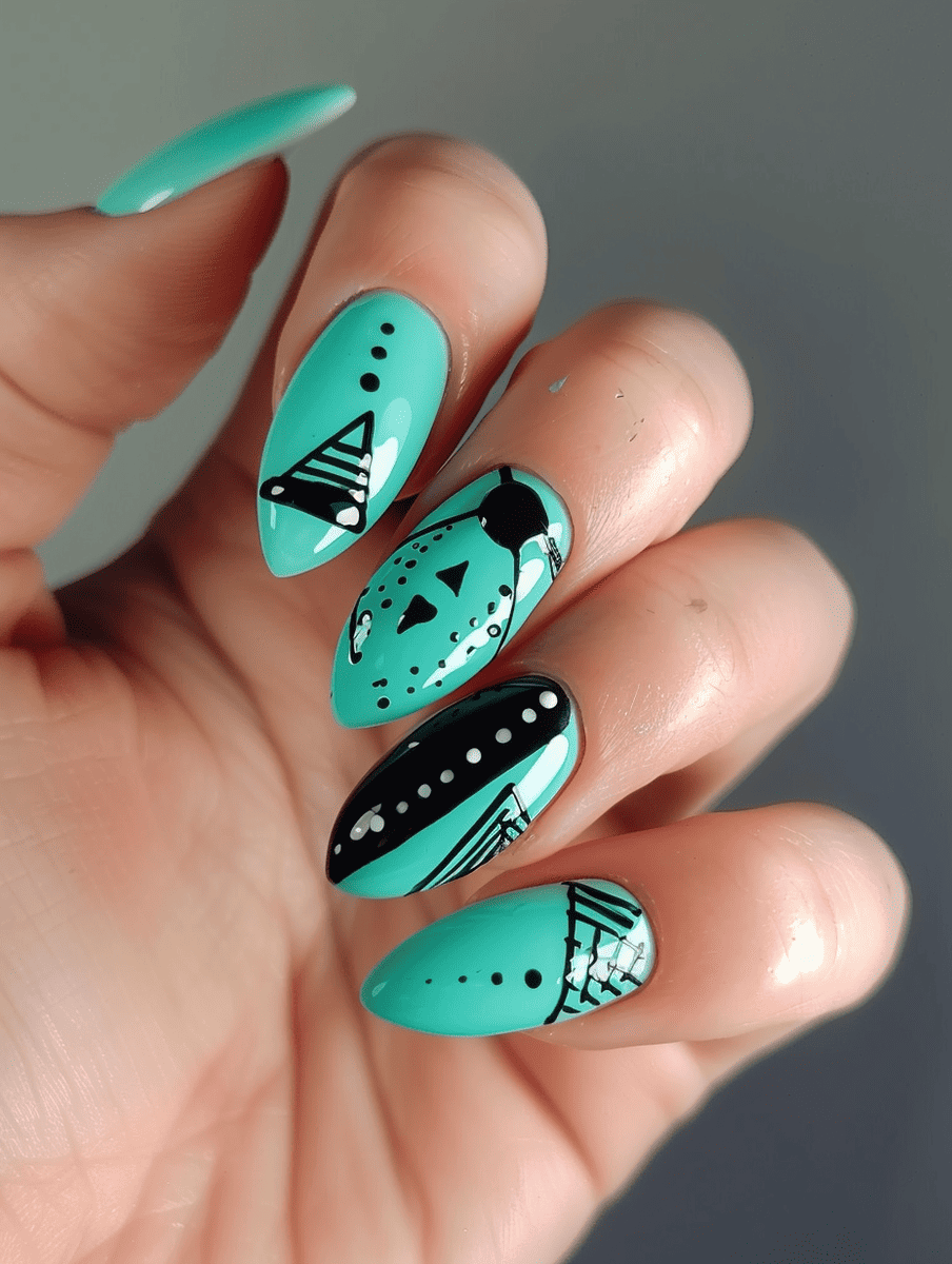 Neon turquoise with black geometric shapes 