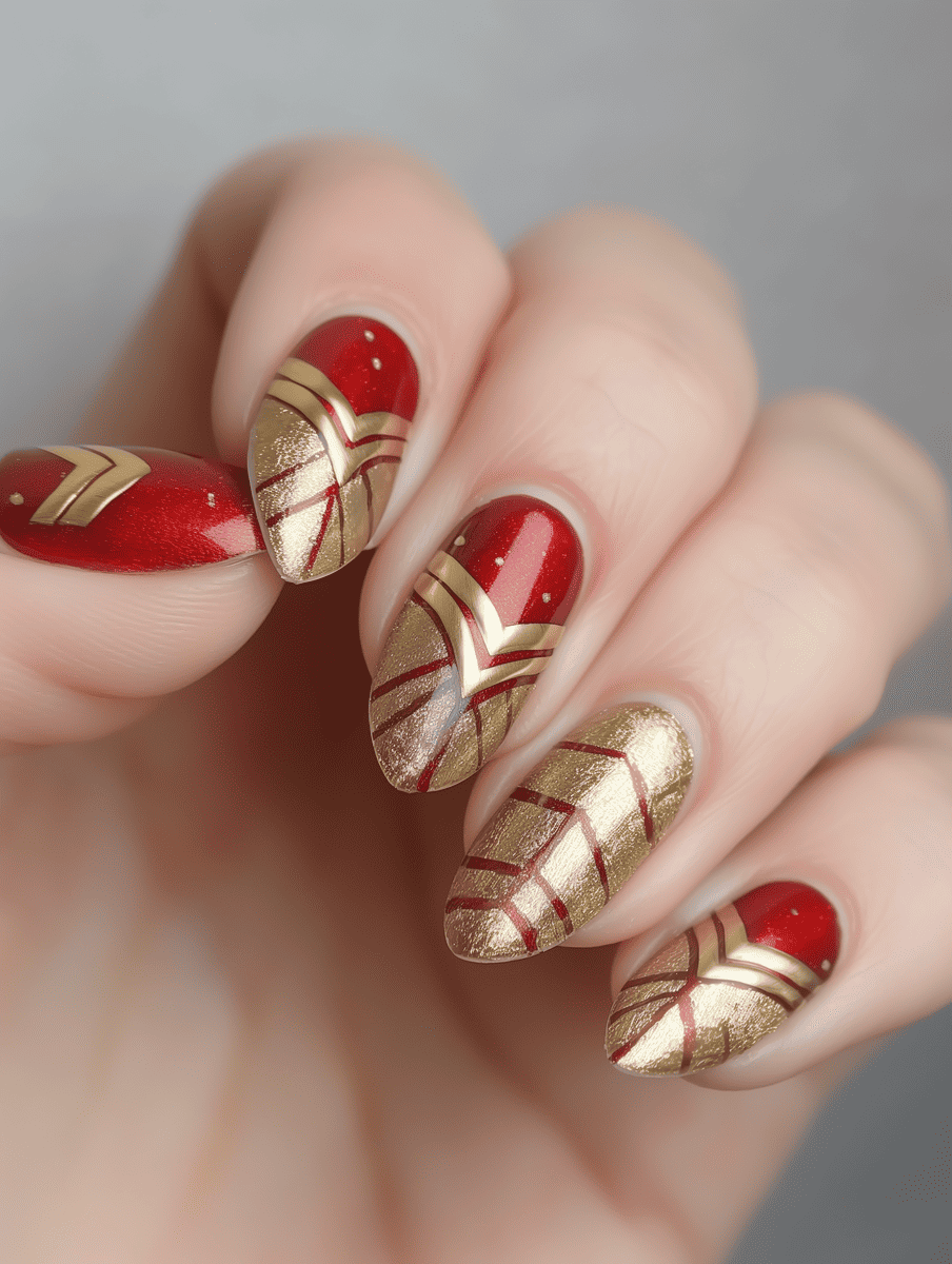Superhero nail art design with Wonder Woman gold and red accents