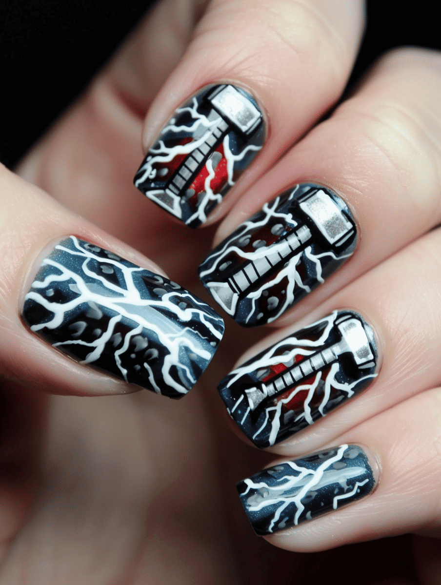 Superhero nail art design with Thor's hammer and lightning