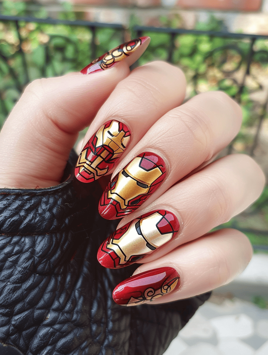  Superhero nail art design inspired by Iron Man red and gold armor