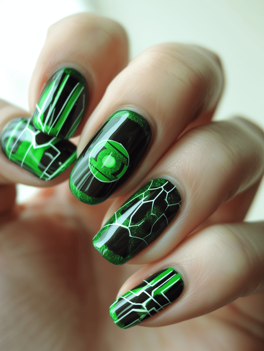 Superhero nail art design featuring Green Lantern symbol and green accents