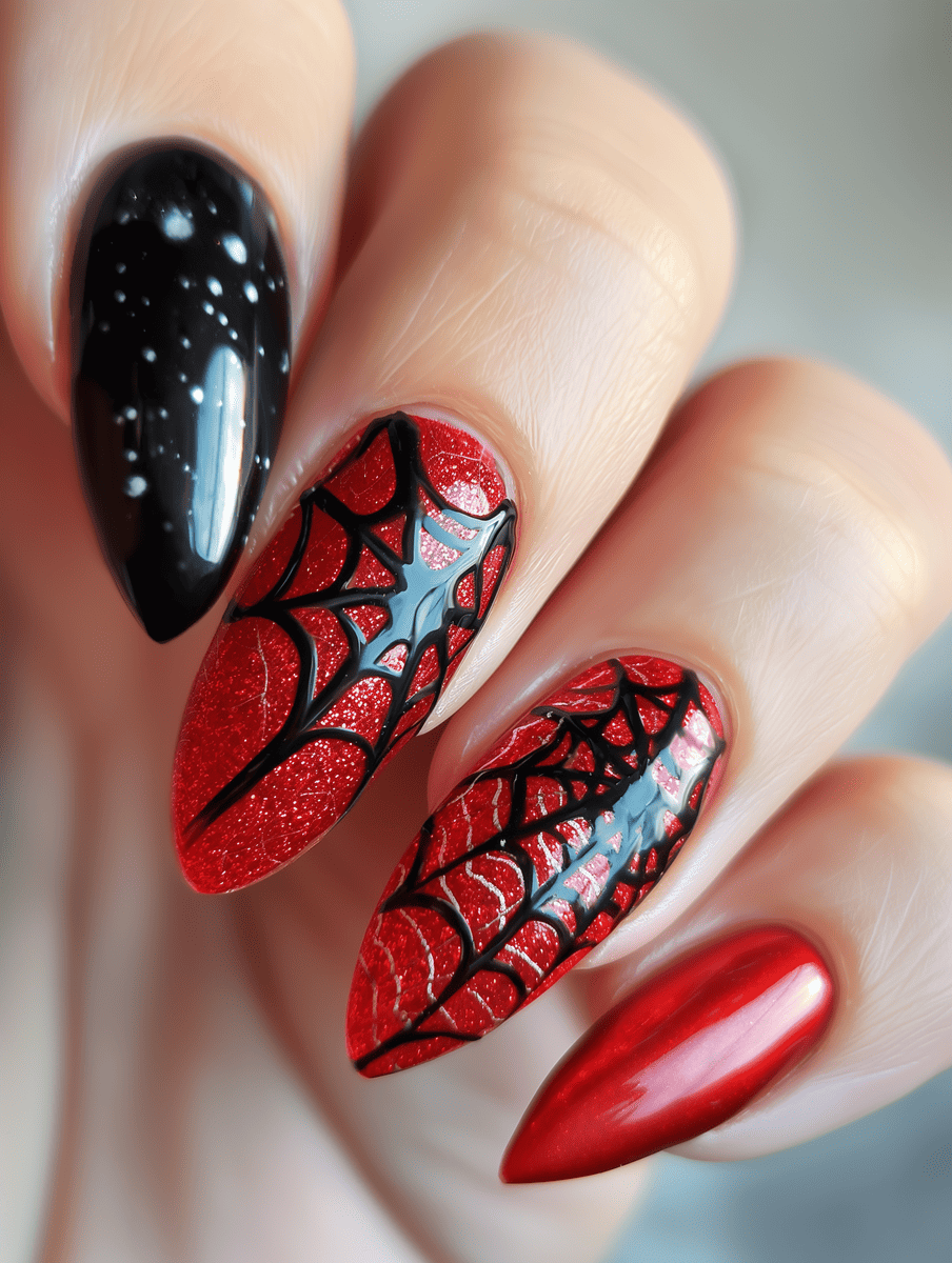 Superhero nail art design with Spider-Man web and red background