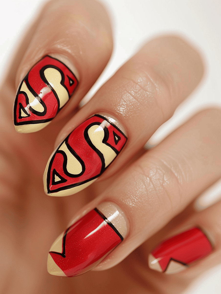  Superhero nail art design featuring Superman S emblem and red cape accents