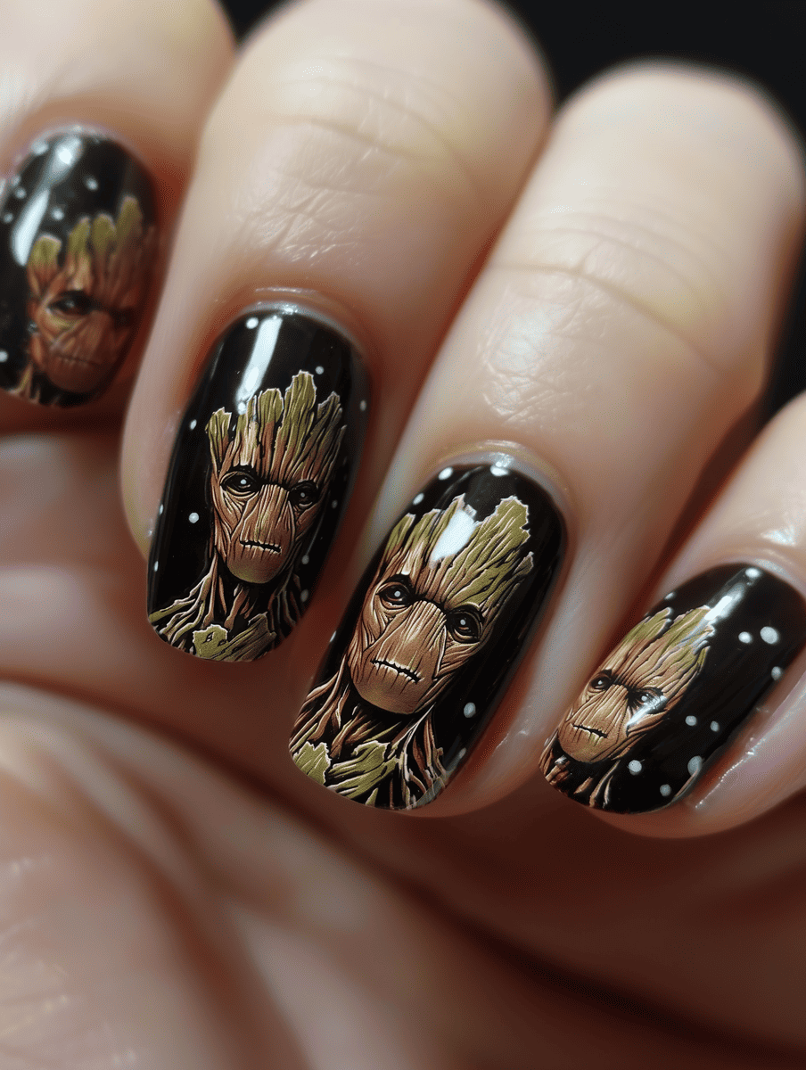 Superhero nail art design. Guardians of the Galaxy starry sky and Groot brown 