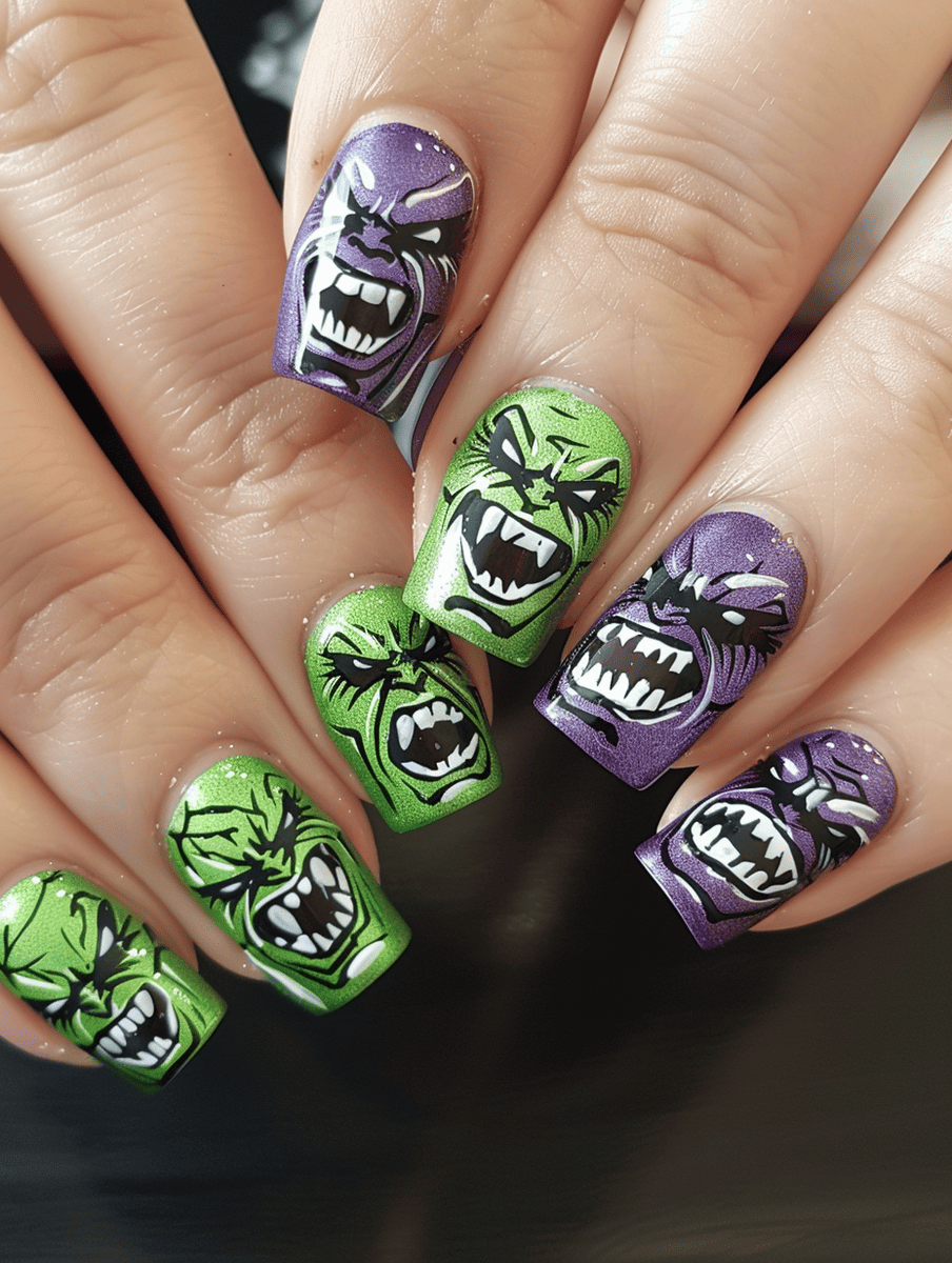 Superhero nail art design with Hulk green and purple fury