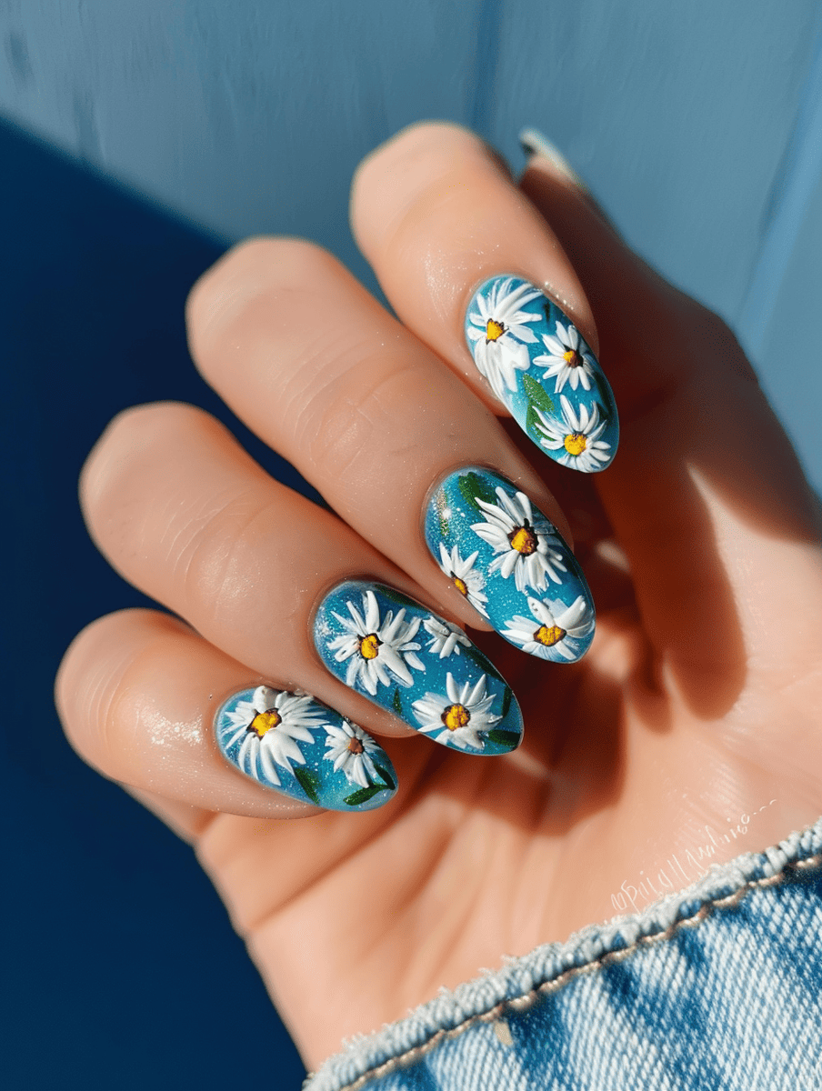 floral nail art design with daisies on a denim blue background