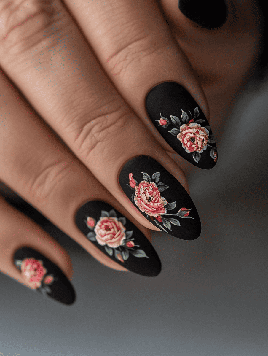 floral nail art design with vintage roses on a matte black base