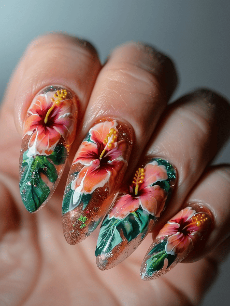 floral nail art design with tropical hibiscus and glitter accents