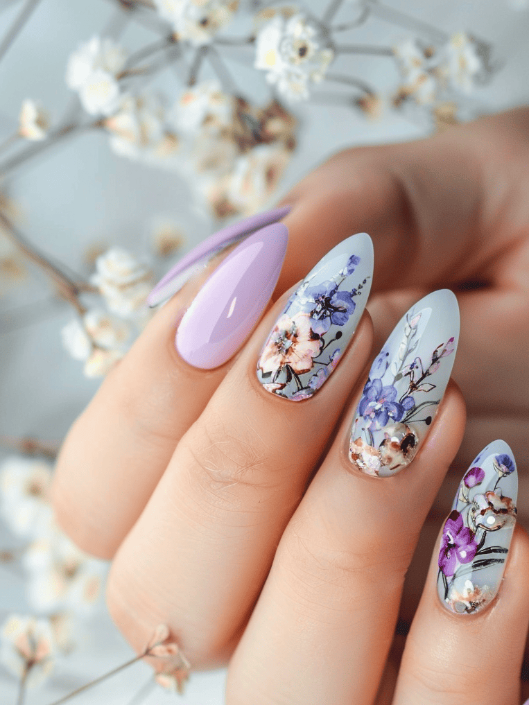 floral nail art design with soft lavender hues