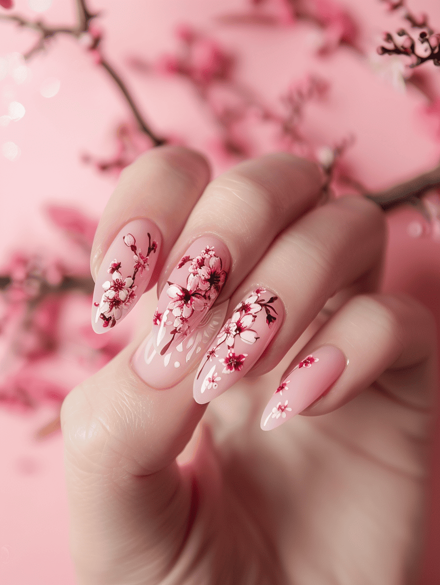  floral nail art design with cherry blossoms on a pastel pink backdrop