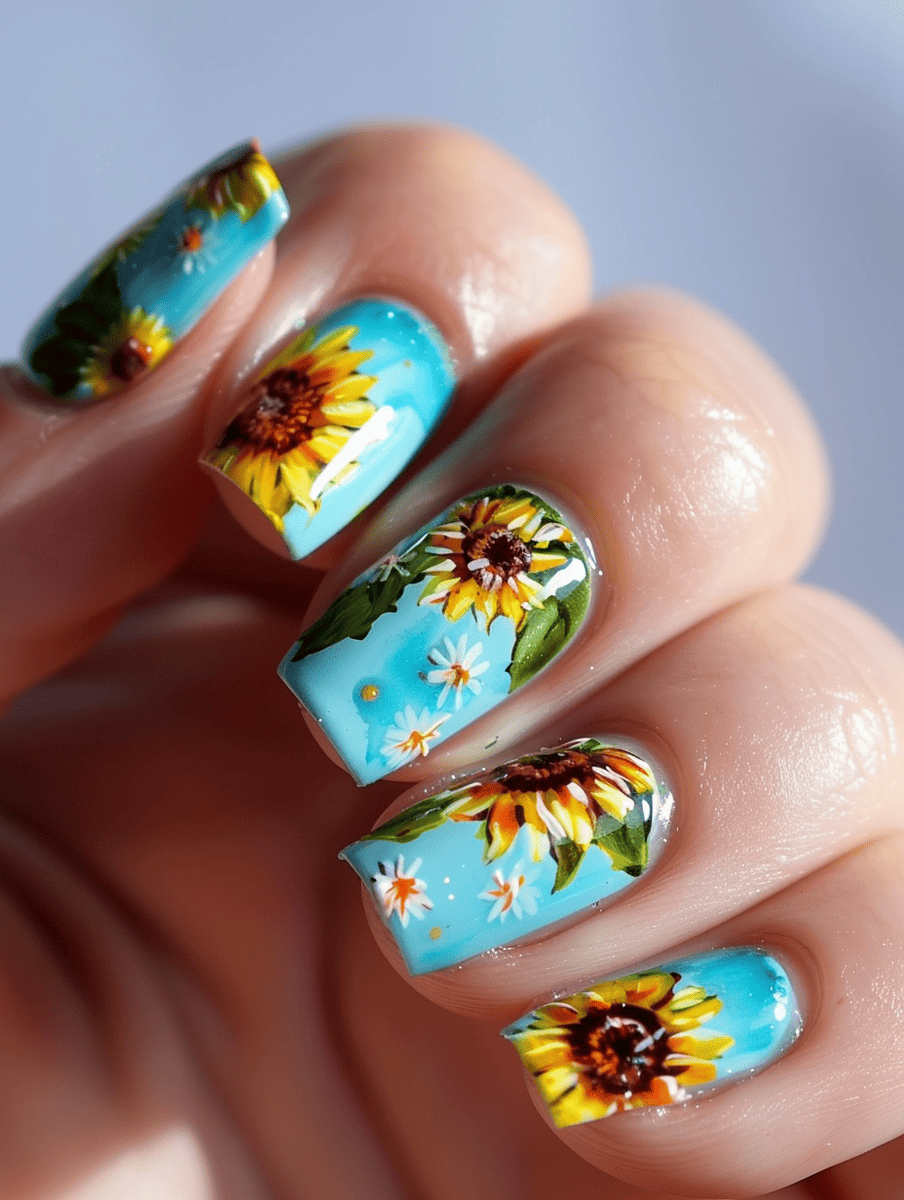 floral nail art design with sunflowers on a sky blue background