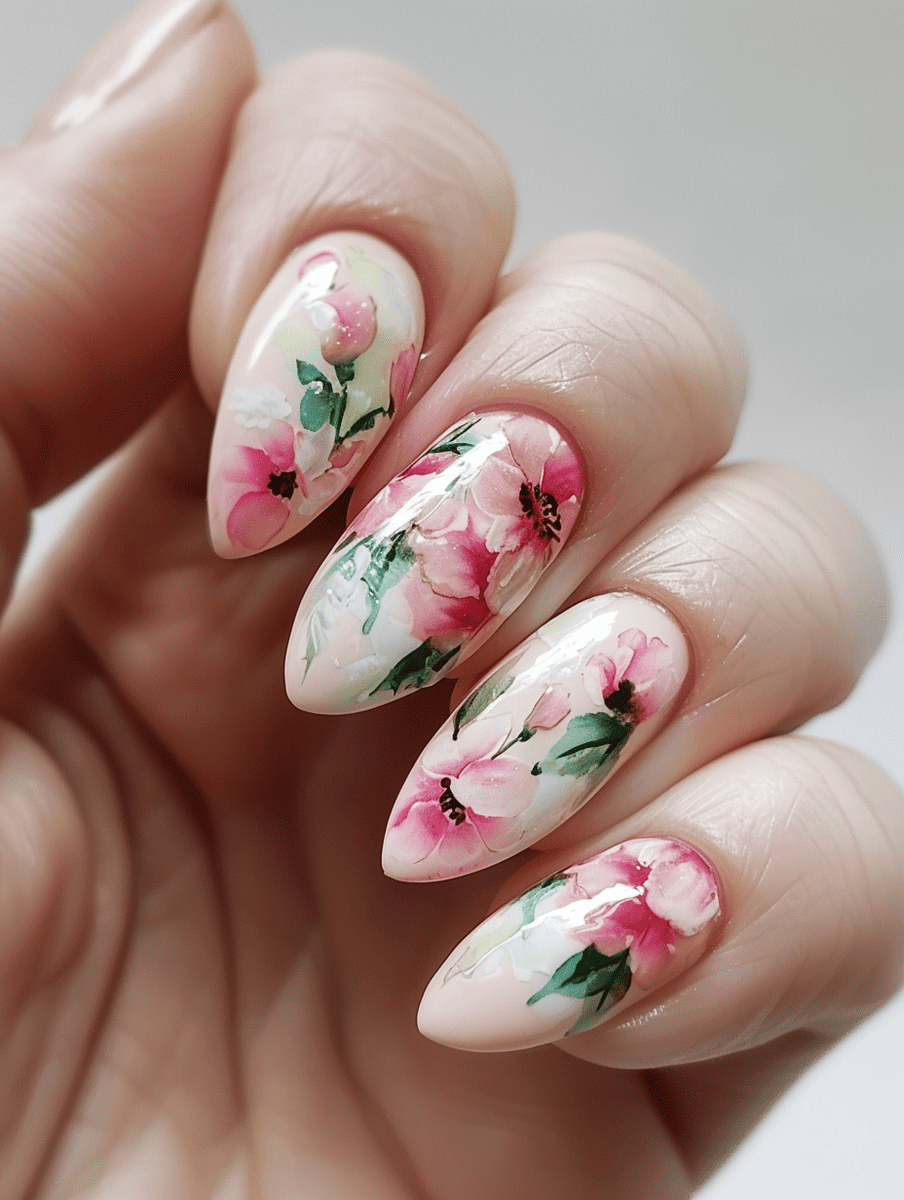 floral nail art design with watercolor peonies