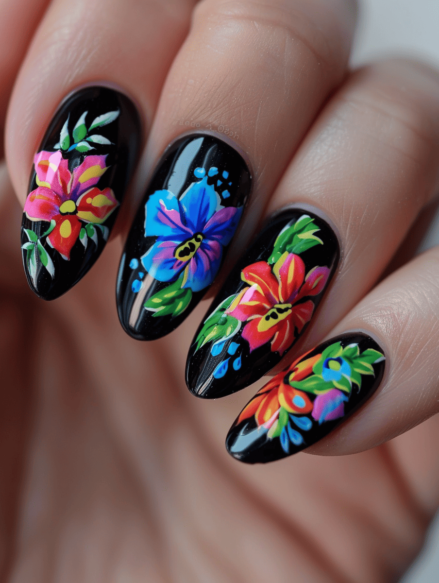 floral nail art design with neon florals on a jet black base