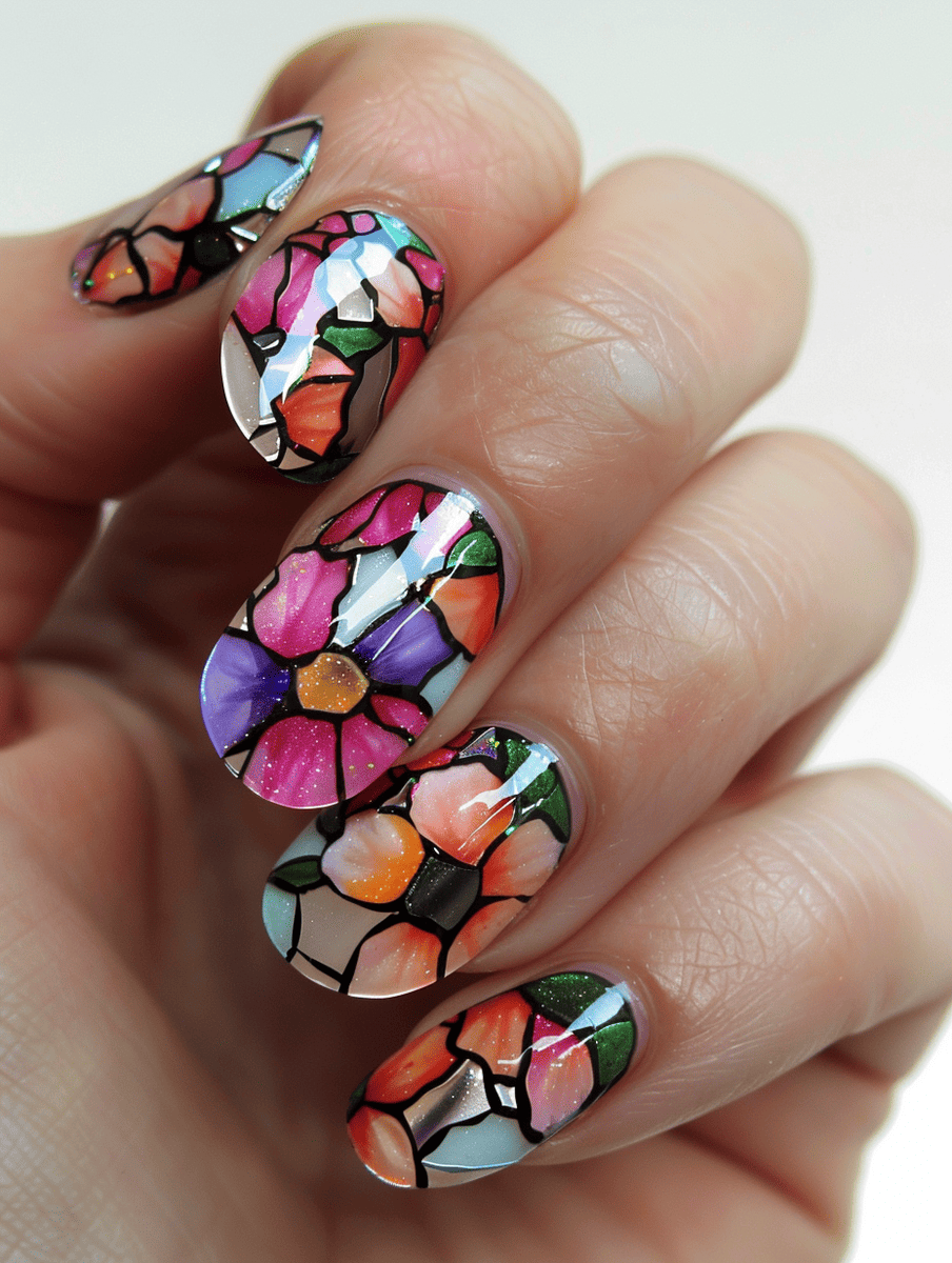 floral nail art design with an abstract floral mosaic