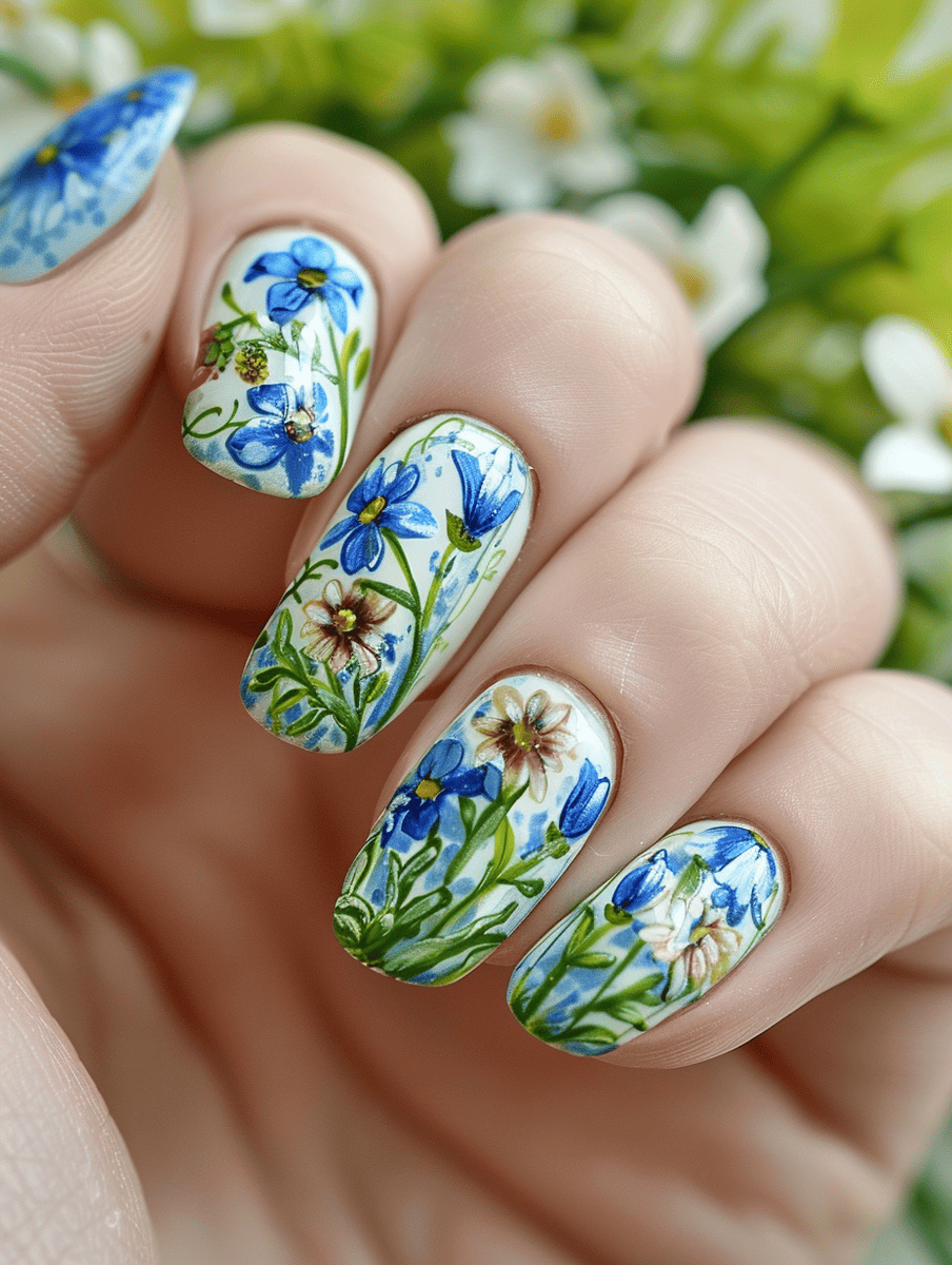 floral nail art design evoking a bluebell forest