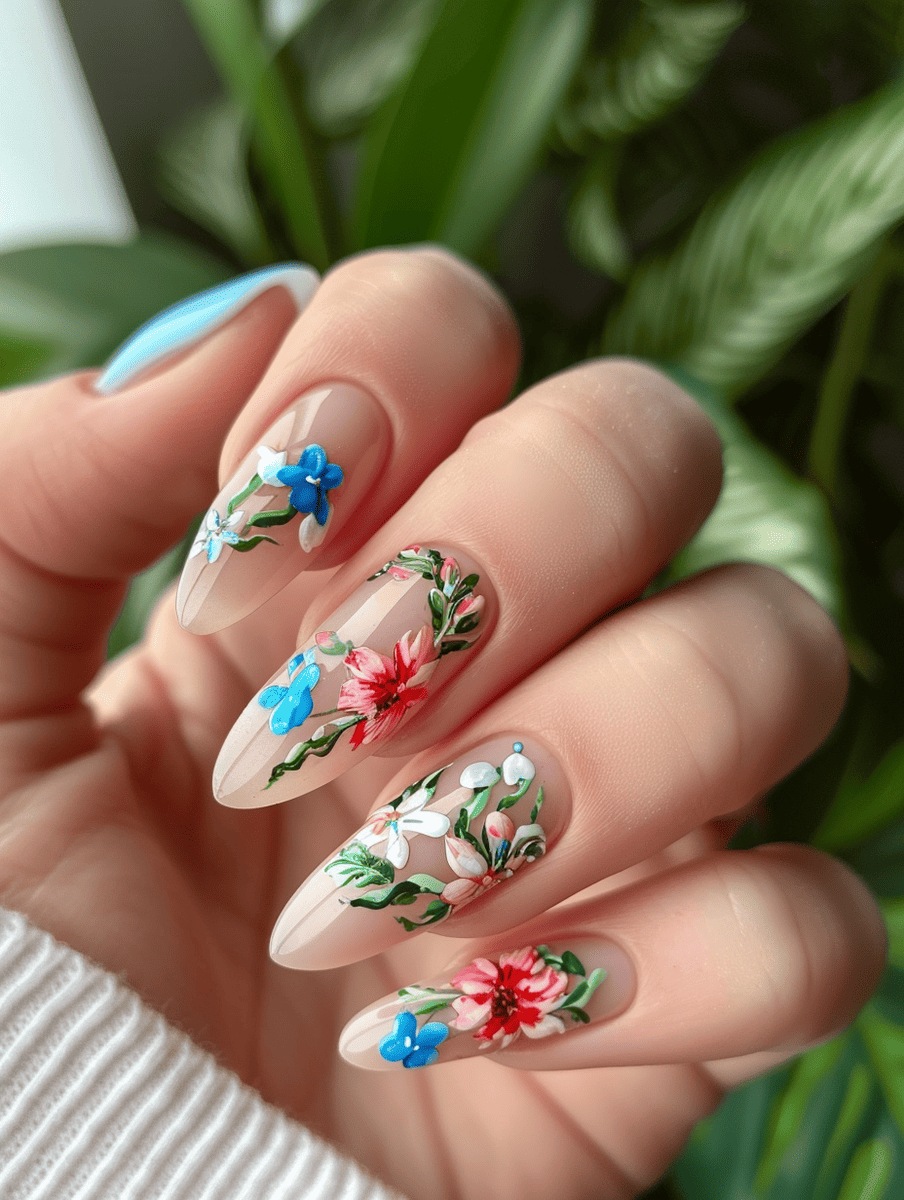  floral nail art design with pastel floral French tips