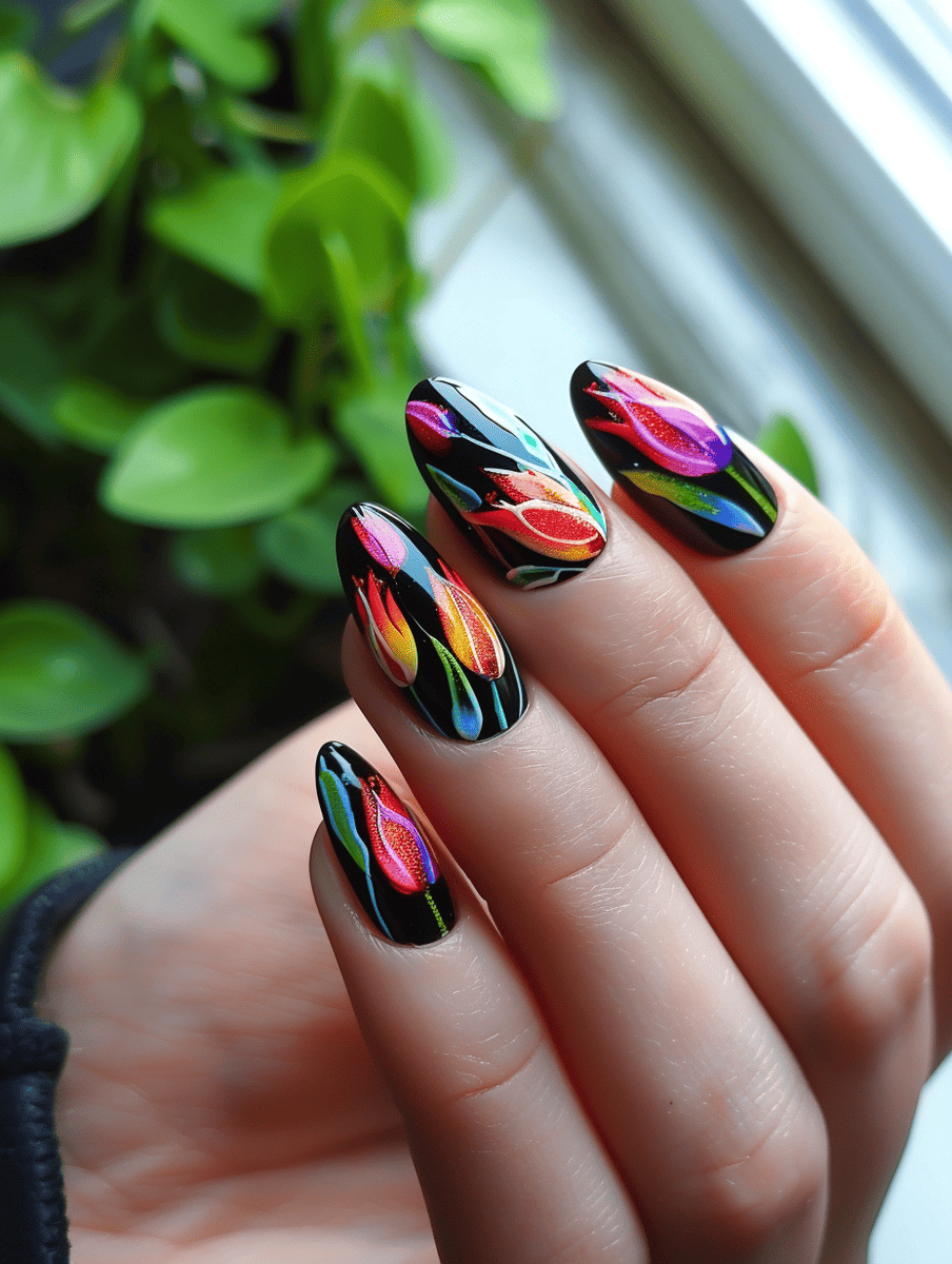 floral nail art design with glowing neon tulips