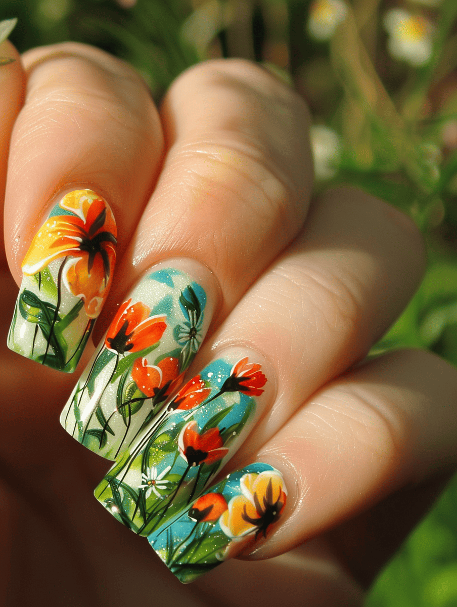  floral nail art design capturing the essence of a spring meadow