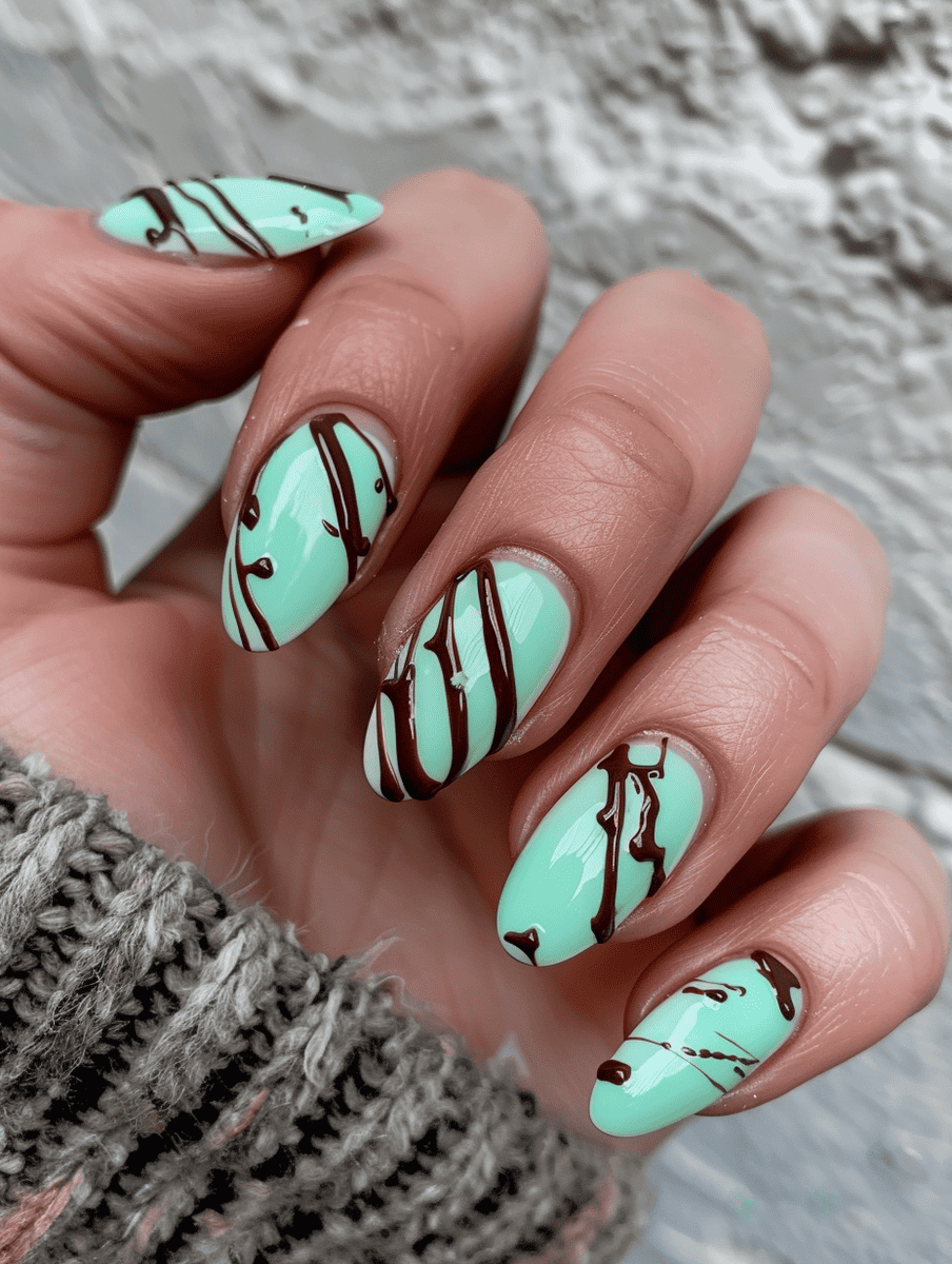 dessert-themed nail art. mint base with chocolate drizzle