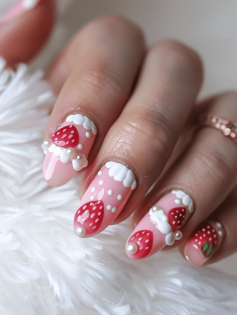 dessert-themed nail art. soft pink and white layers with strawberry accents