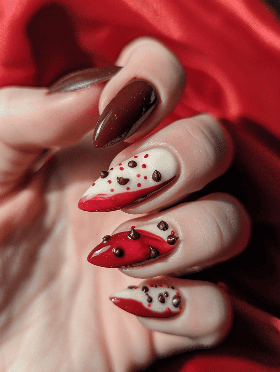 dessert-themed nail art. deep red with cream cheese frosting details