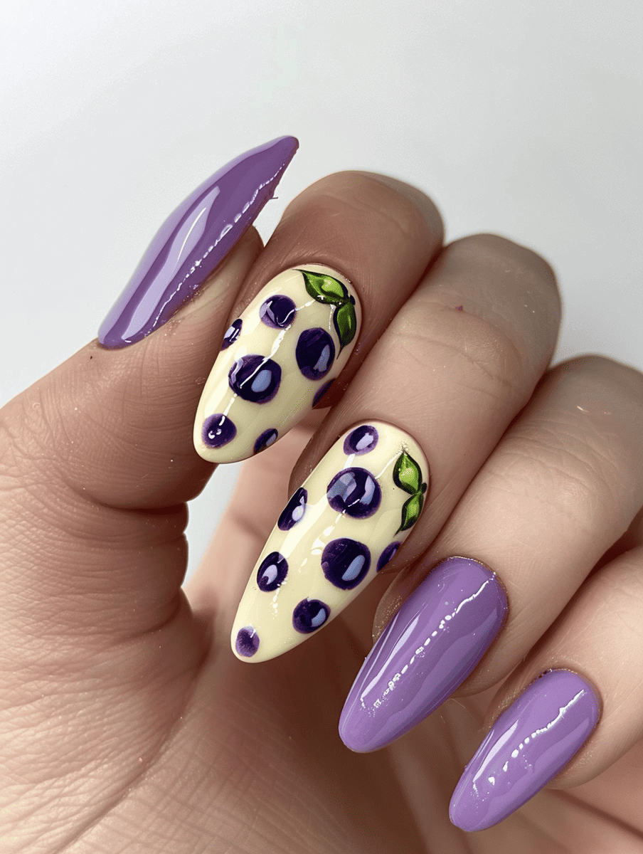dessert-themed nail art. creamy base with blueberry dots