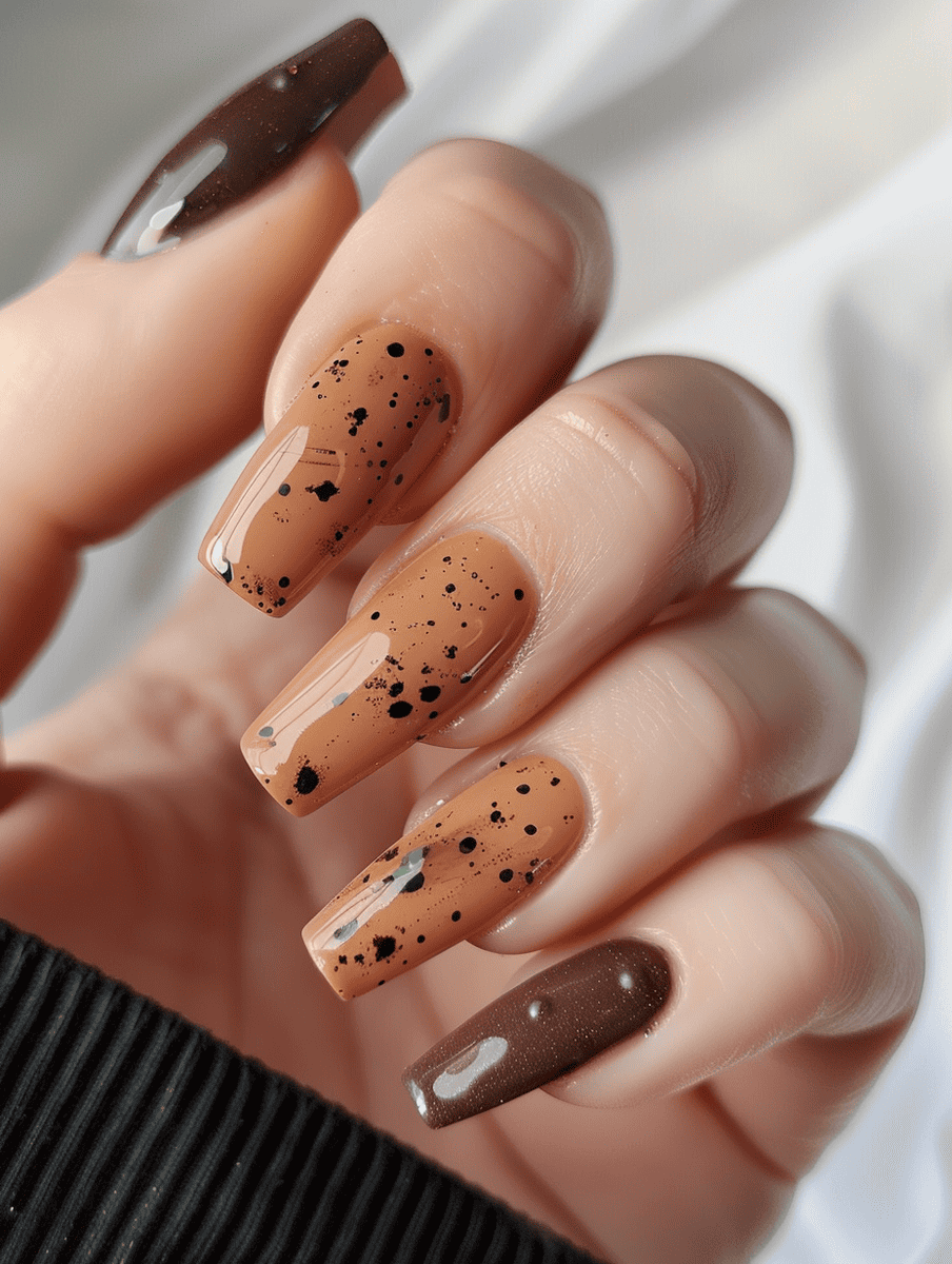 dessert-themed nail art. warm brown with black specks