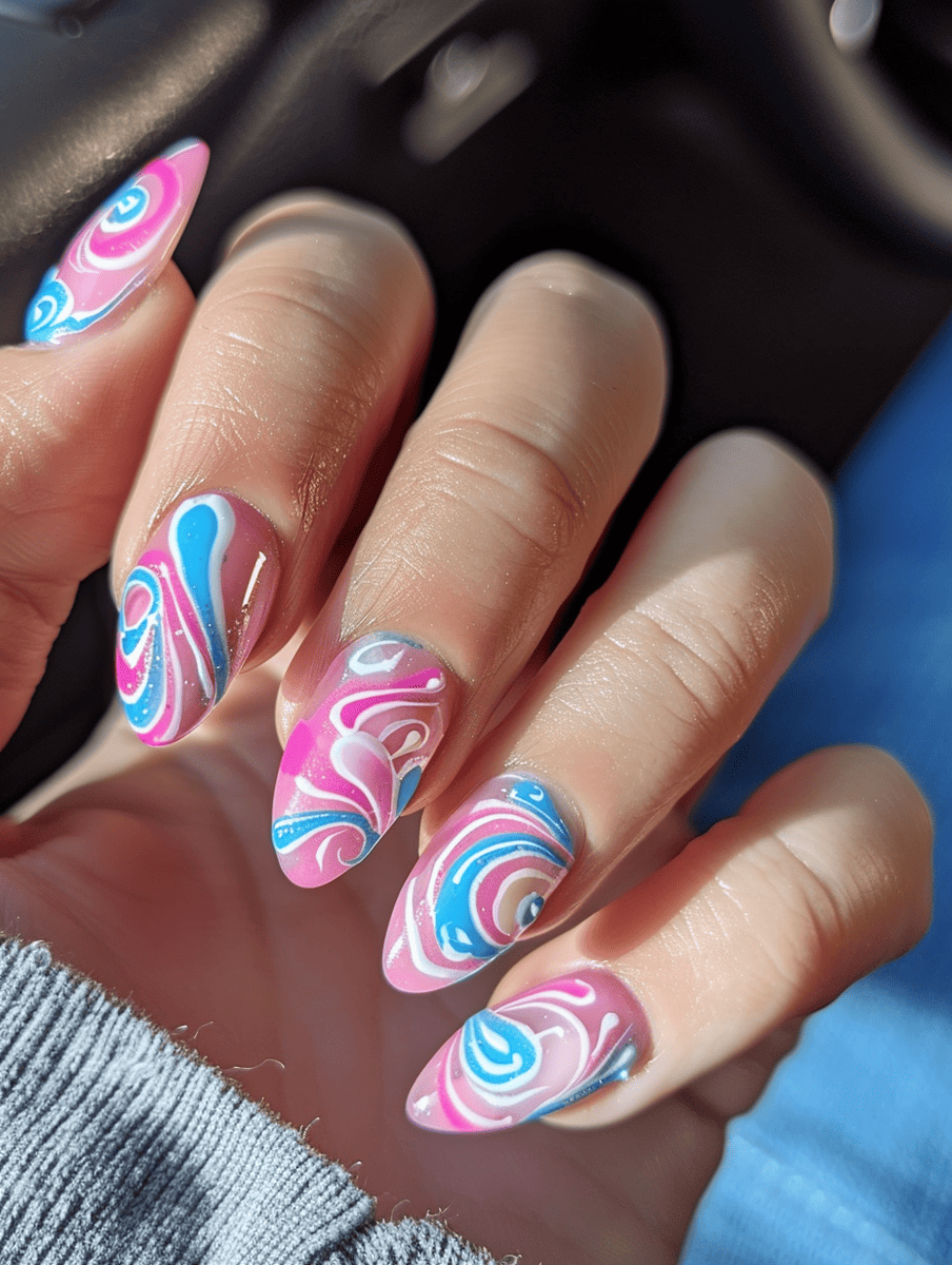 dessert-themed nail art. pink and blue swirls