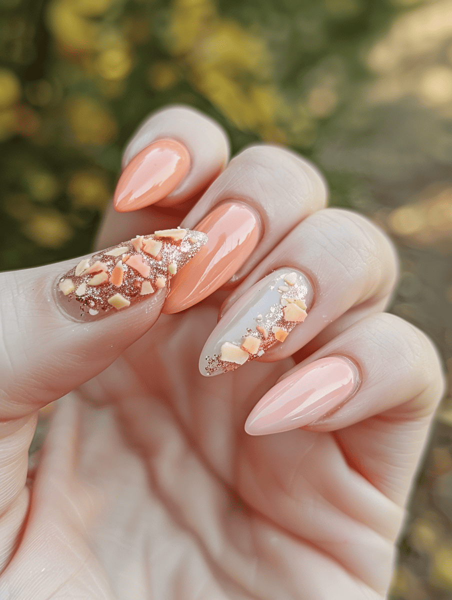 dessert-themed nail art. peachy shades with crumble texture