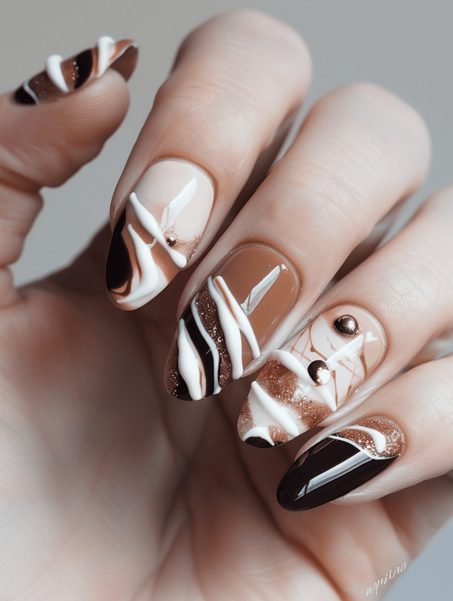 dessert-themed nail art. coffee and cream layers