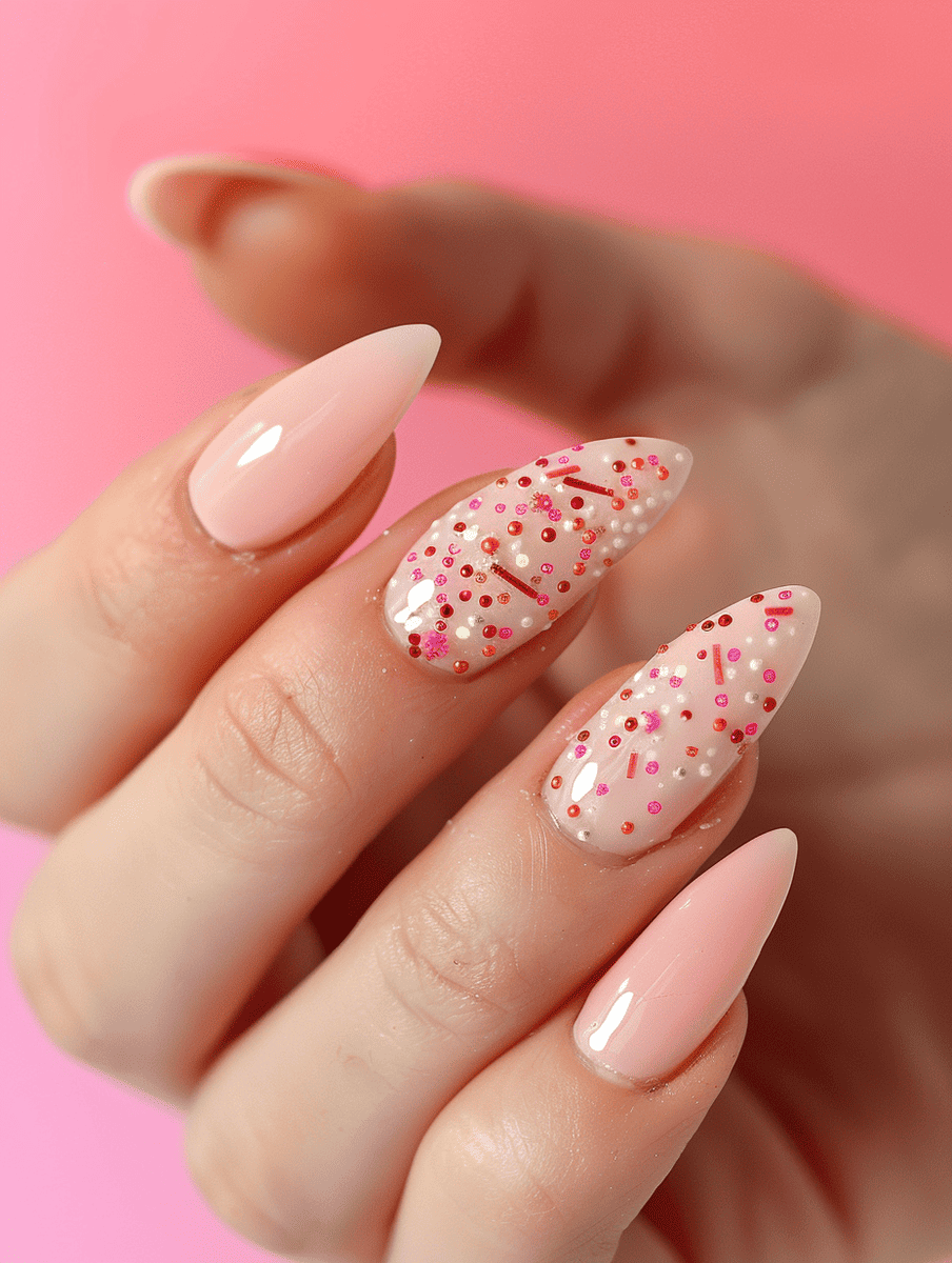 dessert-themed nail art. glossy sheer pink with sprinkles