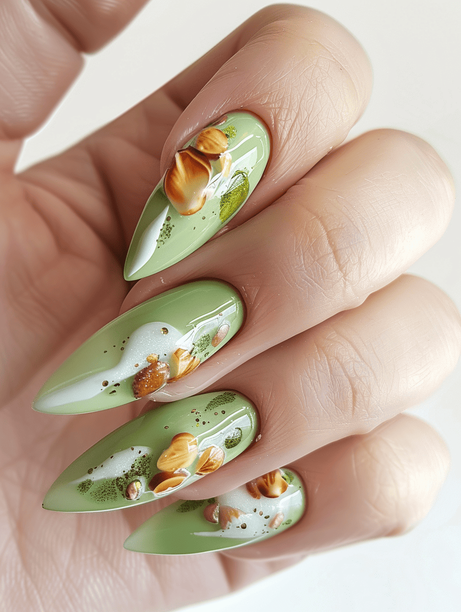 dessert-themed nail art. soft green with nutty accents