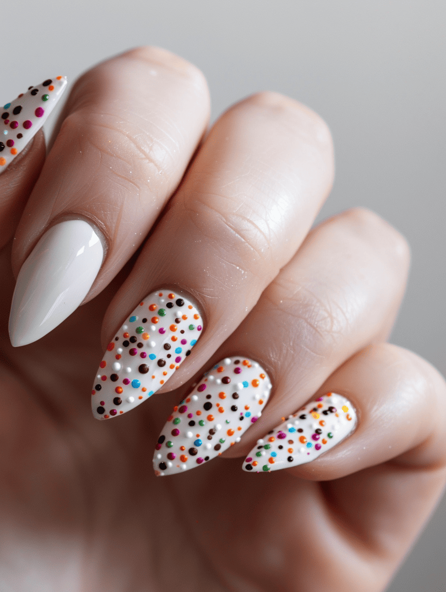 dessert-themed nail art. white base with multi-colored sprinkles