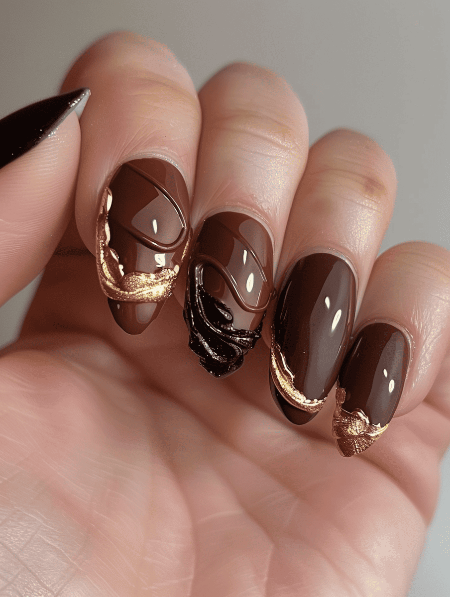 dessert-themed nail art. golden brown with chocolate tips