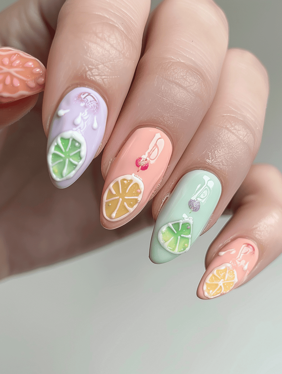 dessert-themed nail art. pastel base with colorful fruit slices