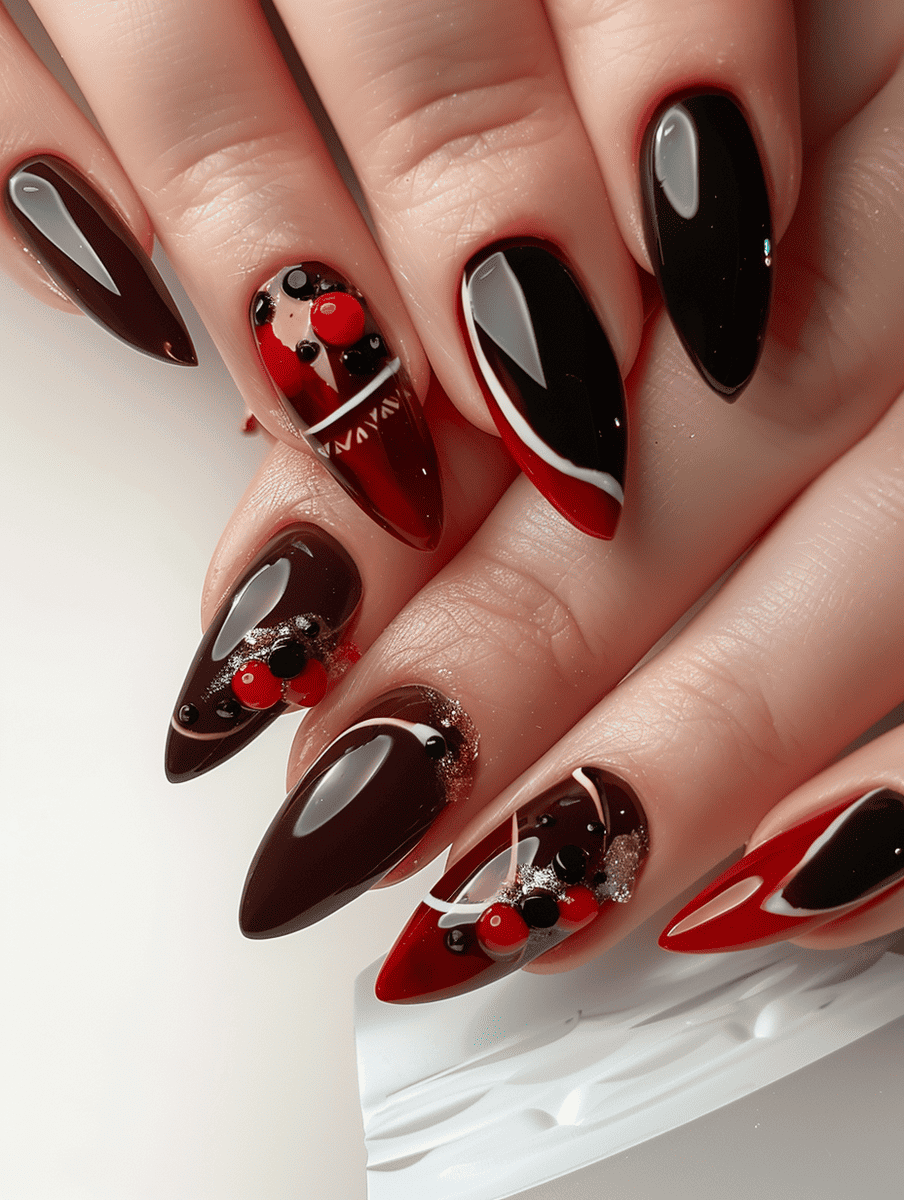 dessert-themed nail art. deep cherry red with black chocolate layers