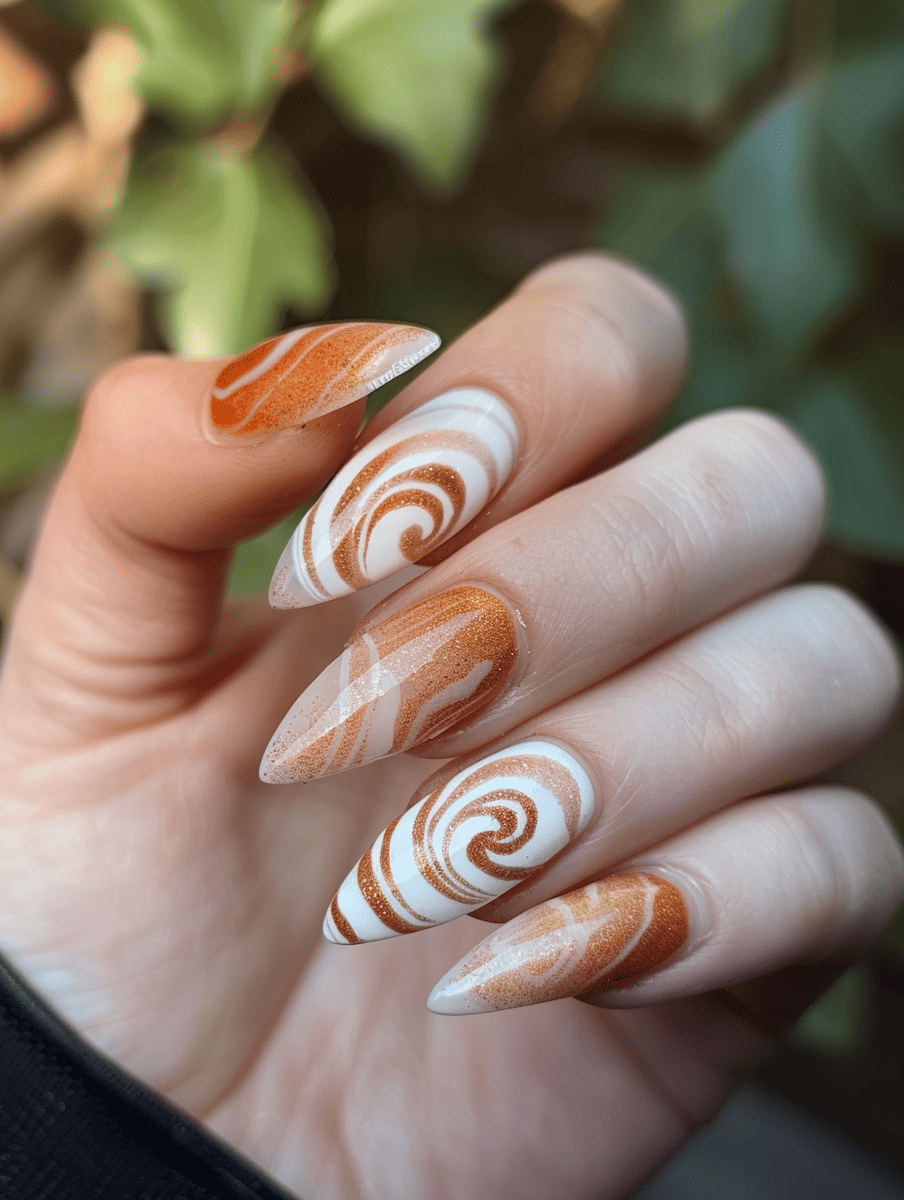 dessert-themed nail art. warm beige with cinnamon swirl