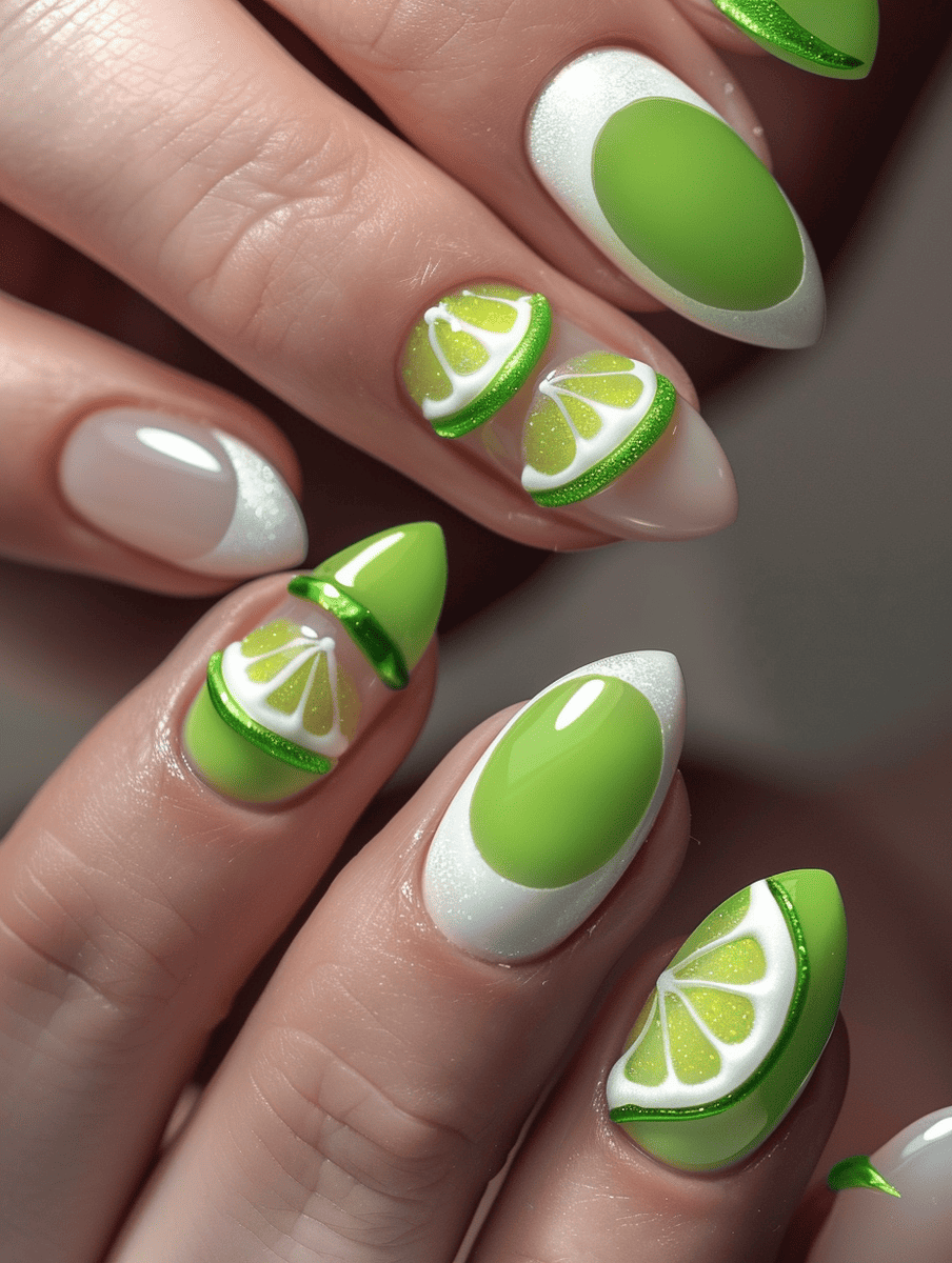 dessert-themed nail art. zesty lime green with creamy white